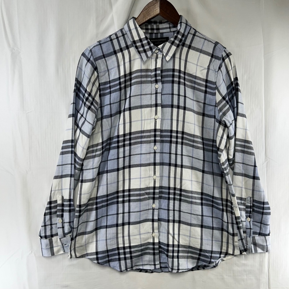 Banana Republic Flannel Shirt Womens M Off White Plaid Boyfriend Fit 715679-10-1